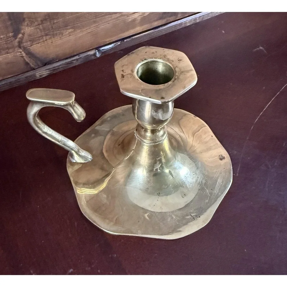 Vintage Solid Polished Brass Chamber-style Candlestick Holder Finger Loop